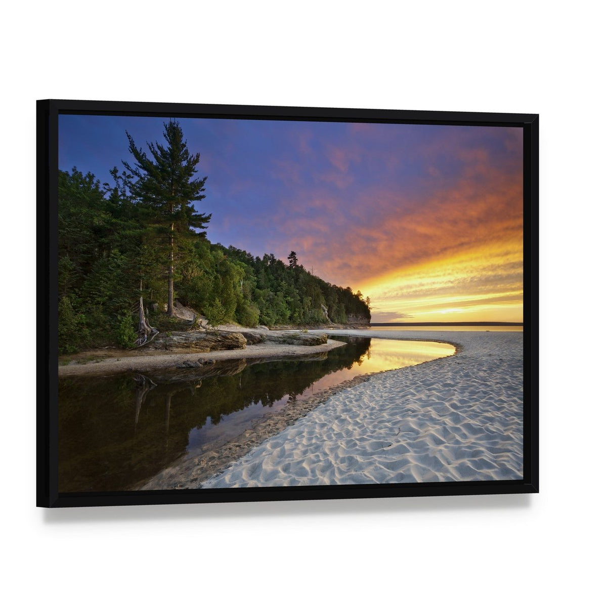 Miners Beach Michigan Sunset Canvas Wall Art, framed canvas in a black floater frame, angled product view