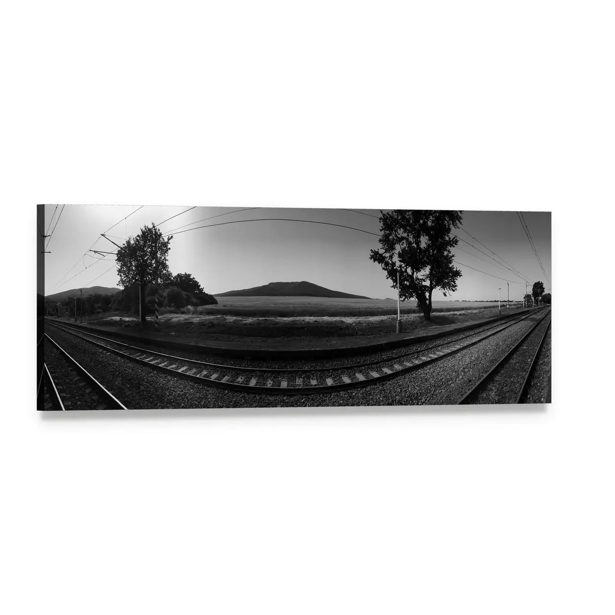 Curved Railway Tracks in Monochrome Panoramic Canvas Wall Art, single panel gallery wrapped canvas, angled product view