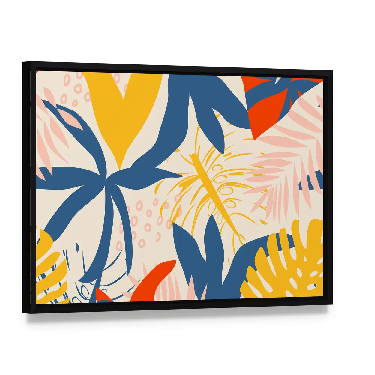 Summer Tropical Leaf Pattern Canvas Wall Art, framed canvas in a black floater frame, angled product view