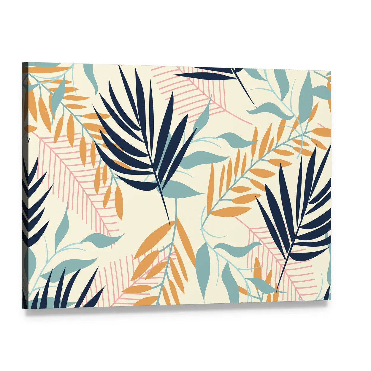Tropical Leaves Pattern in Navy and Mustard Canvas Wall Art, single panel gallery wrapped canvas, angled product view