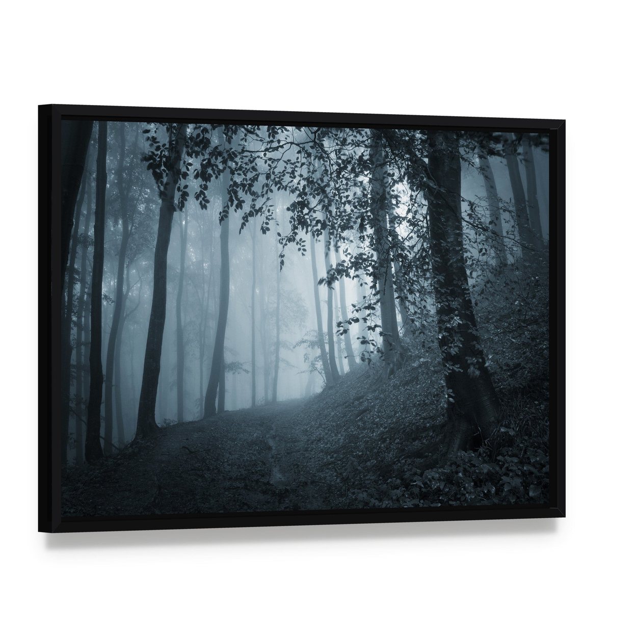 Dark Foggy Forest Canvas Wall Art, framed canvas in a black floater frame, angled product view