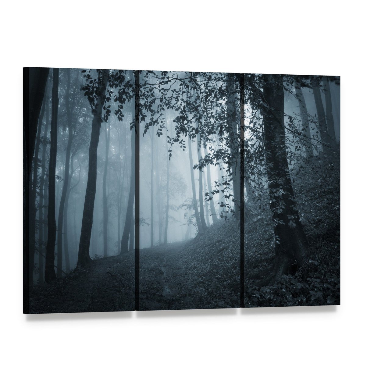Dark Foggy Forest Canvas Wall Art, 3 panel 3 Horizontal layout gallery wrapped canvas set, angled product view