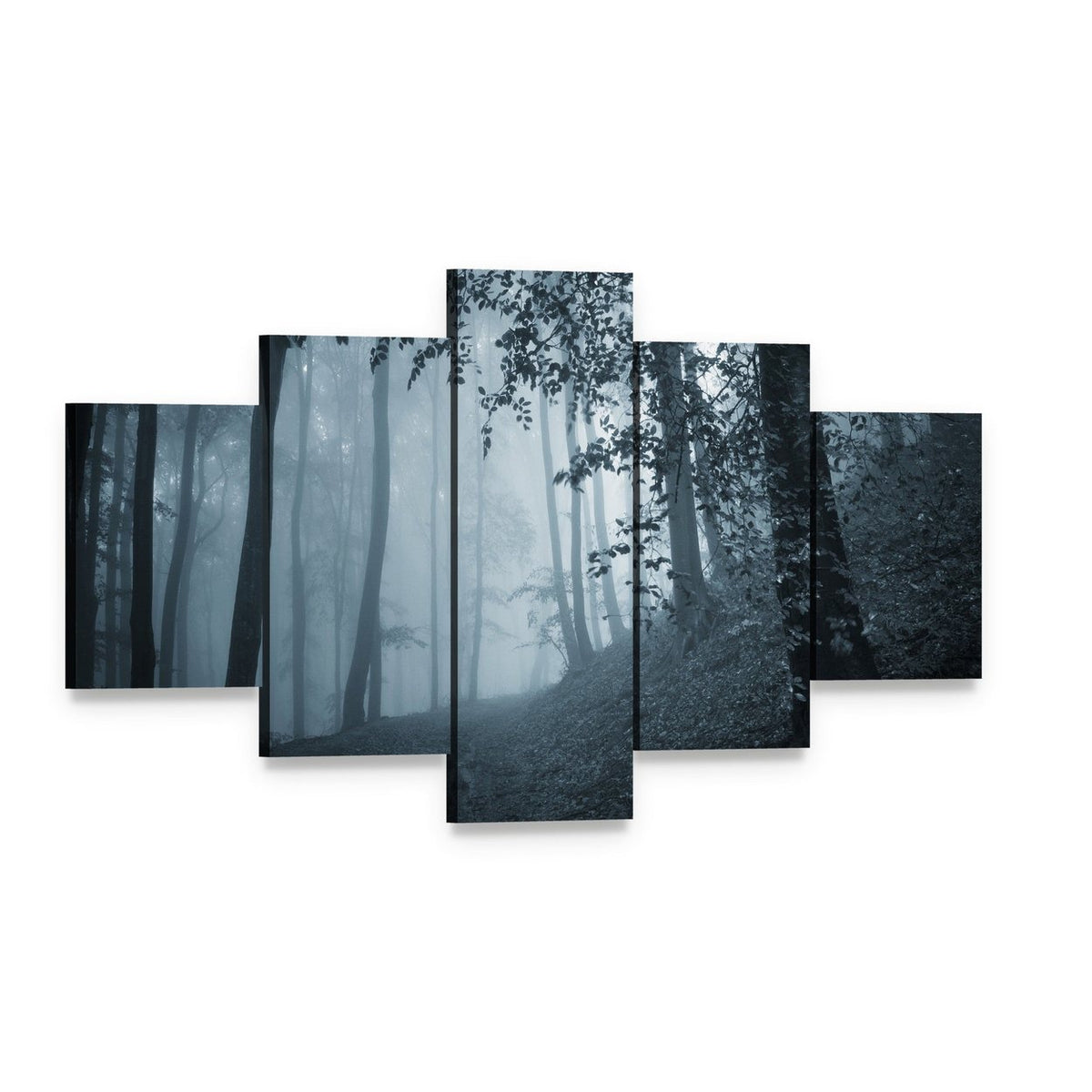 Dark Foggy Forest Canvas Wall Art, 5 panel 5 Star layout gallery wrapped canvas set, angled product view