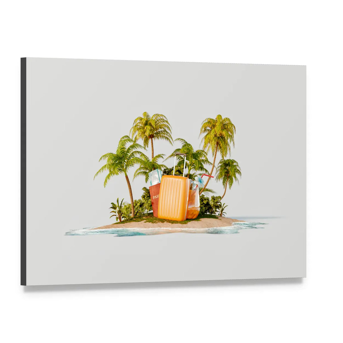 Tropical Island with Bright Orange Suitcase Canvas Wall Art, single panel gallery wrapped canvas, angled product view