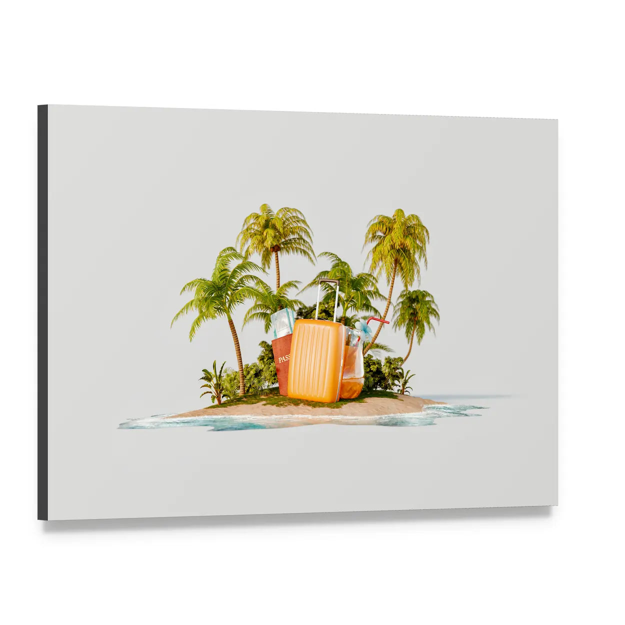 Tropical Island with Bright Orange Suitcase Canvas Wall Art, single panel gallery wrapped canvas, angled product view
