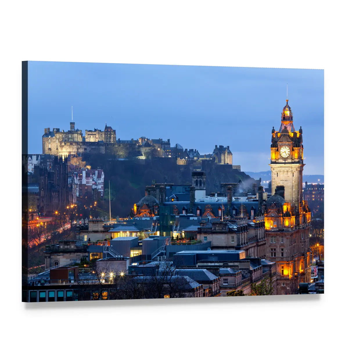 Edinburgh Castle at Dusk Canvas Wall Art, single panel gallery wrapped canvas, angled product view