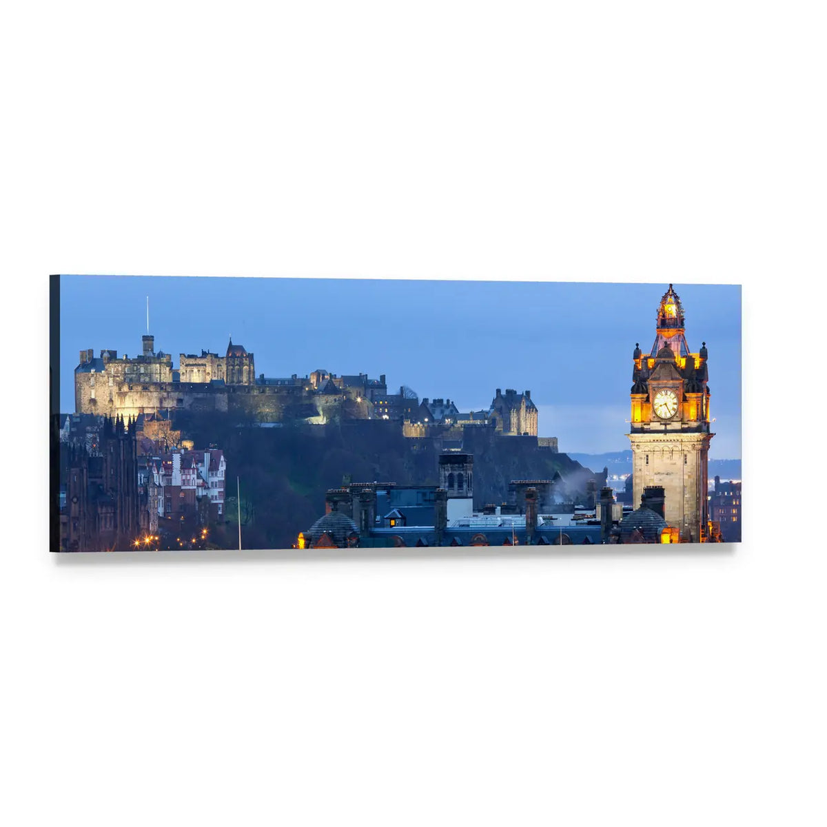 Edinburgh Castle Twilight Skyline Panoramic Canvas Wall Art, single panel gallery wrapped canvas, angled product view
