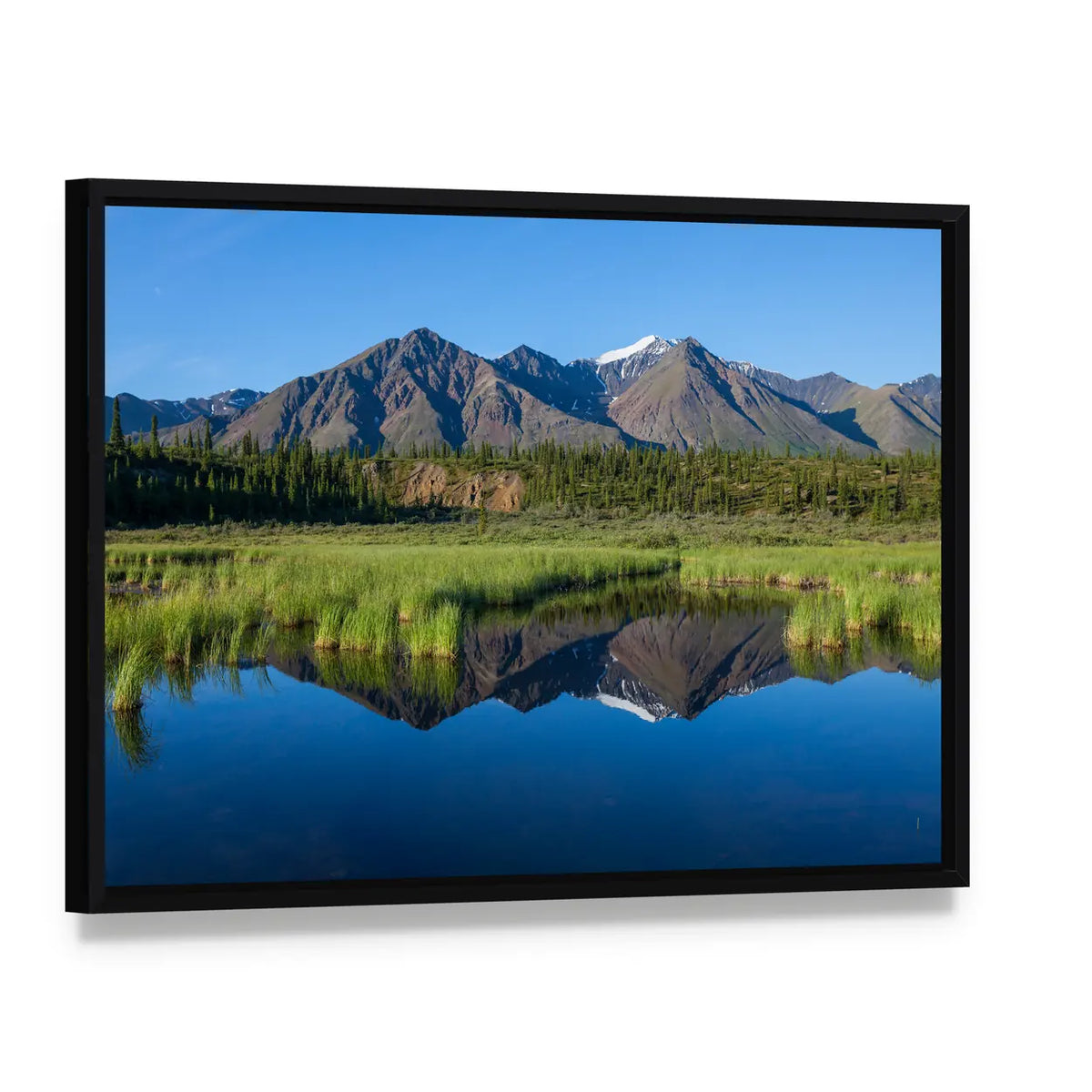 Mount Mckinley Reflection in Lake Canvas Wall Art, framed canvas in a black floater frame, angled product view