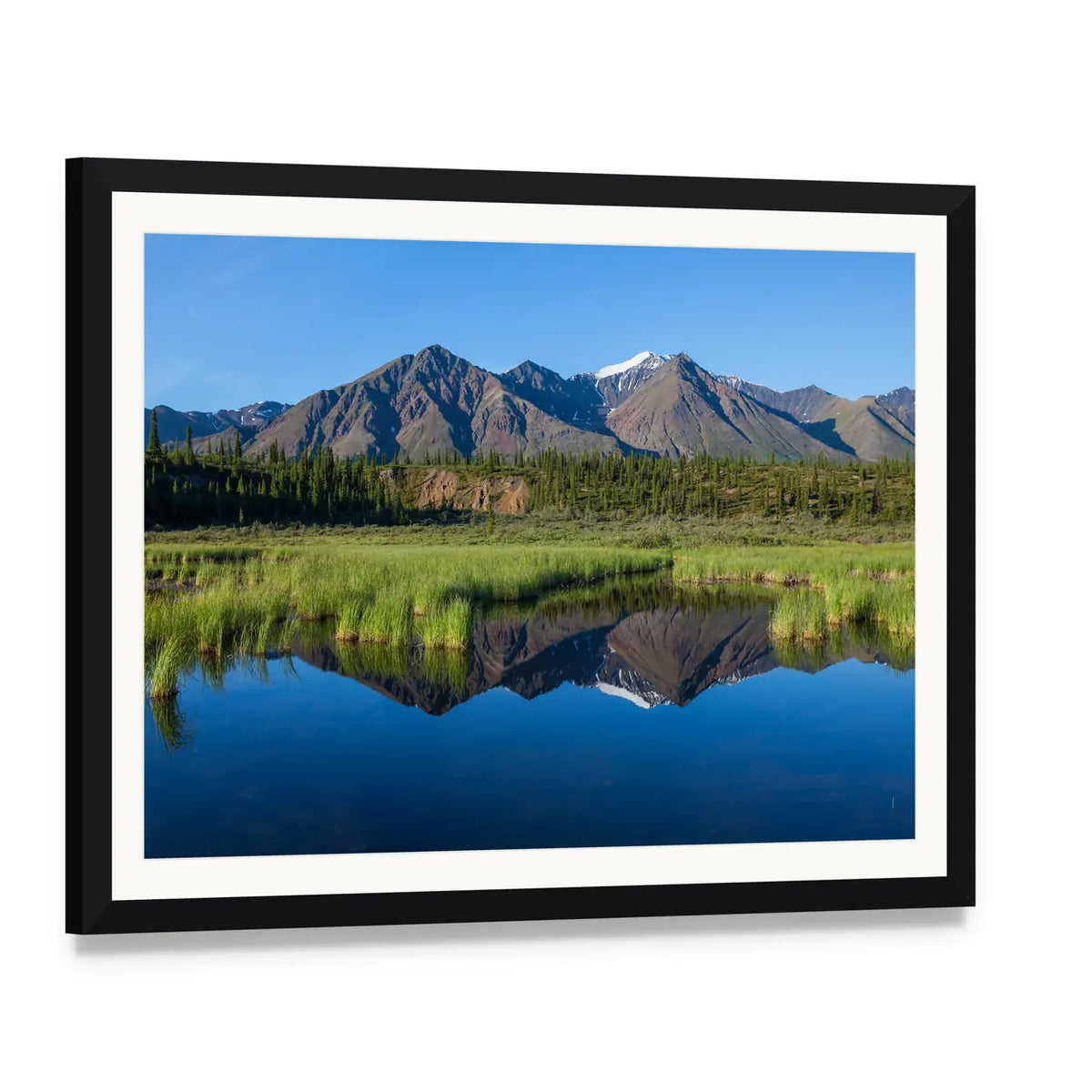Mount Mckinley Reflection in Lake Canvas Wall Art, framed print with white mat and black frame, angled product view