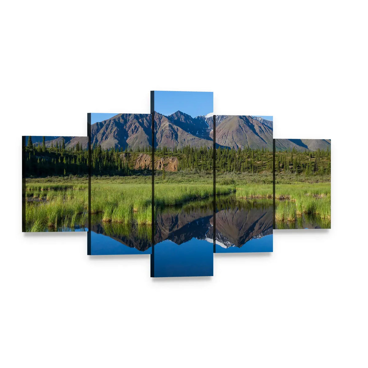 Mount Mckinley Reflection in Lake Canvas Wall Art, 5 panel 5 Star layout gallery wrapped canvas set, angled product view