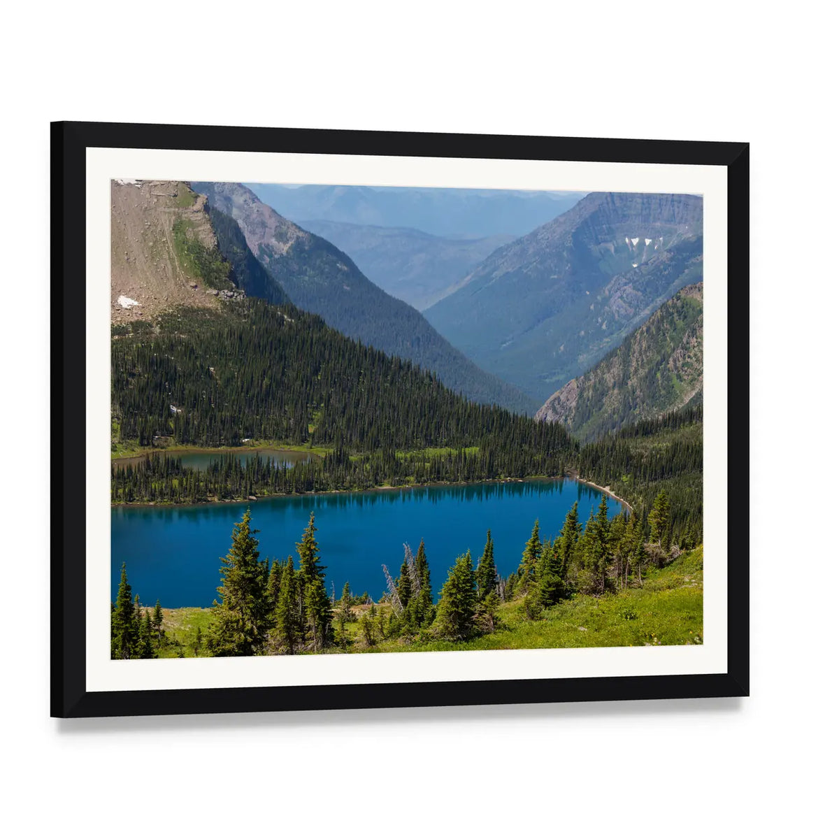 Hidden Lake in Montana Canvas Wall Art, framed print with white mat and black frame, angled product view