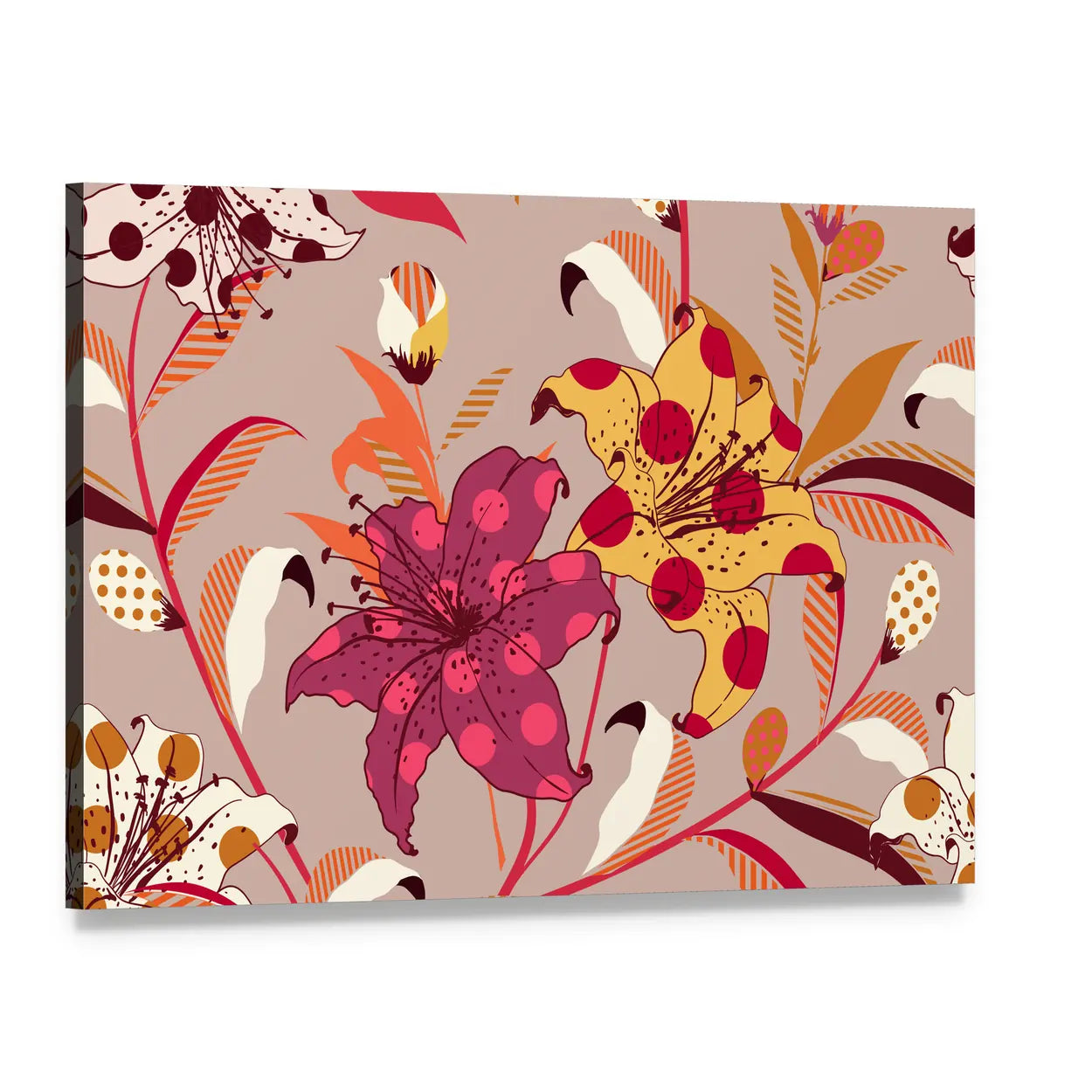 Retro Polka-dot Lily Pattern Canvas Wall Art, single panel gallery wrapped canvas, angled product view