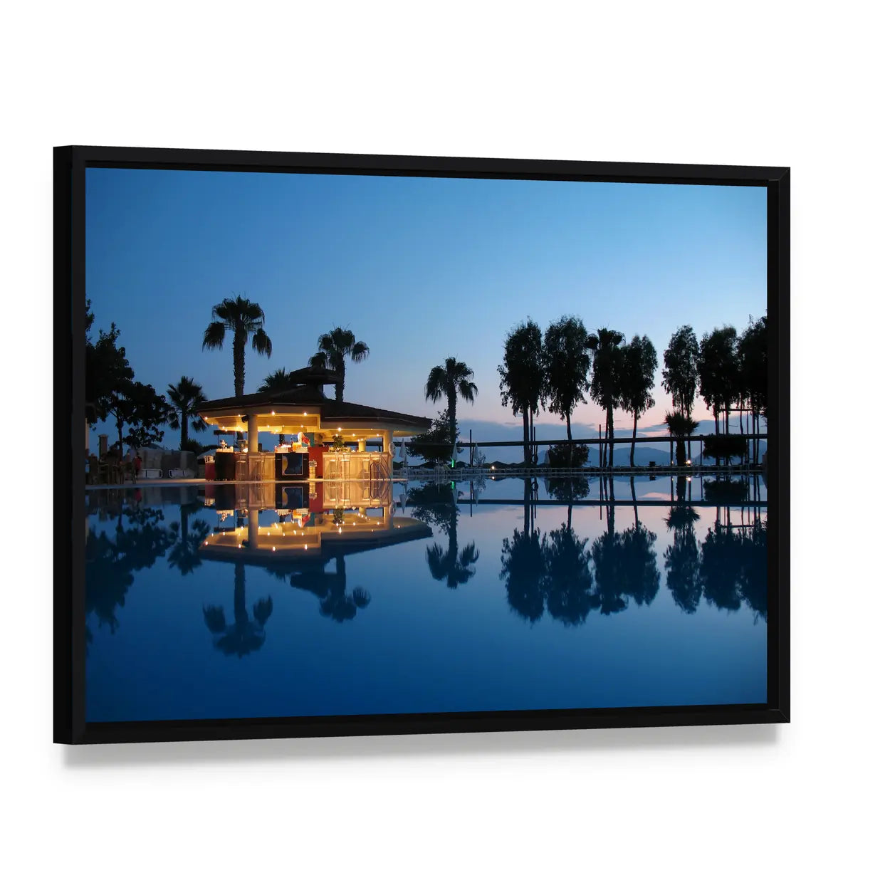 Night Bar On Summer Beach in Turkey Canvas Wall Art, framed canvas in a black floater frame, angled product view