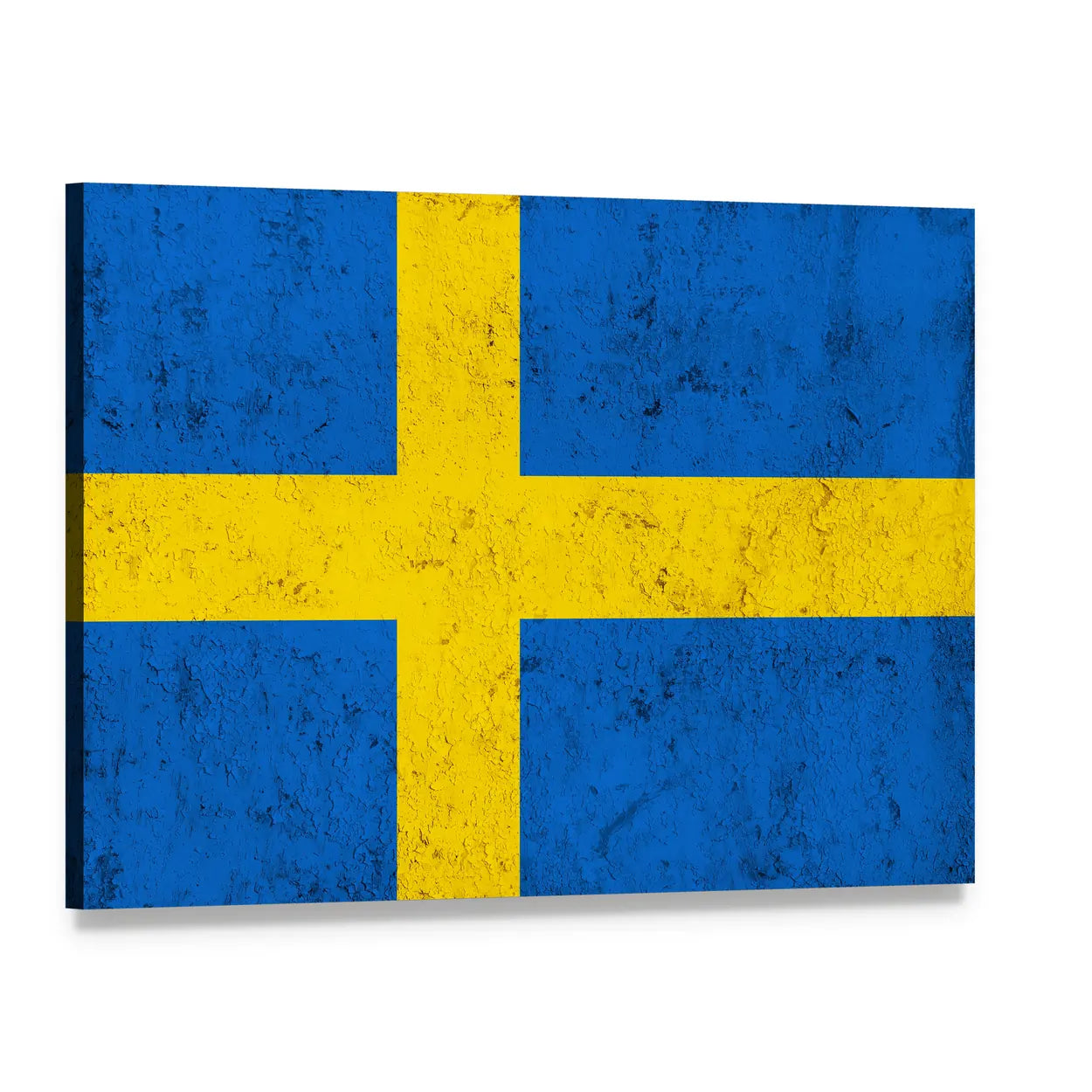 Weathered Swedish Flag Canvas Wall Art, single panel gallery wrapped canvas, angled product view