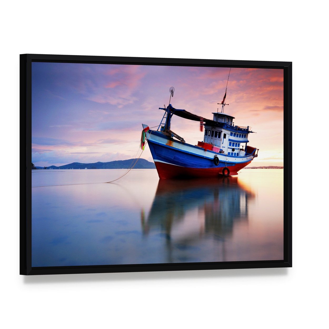 Thai Fishing Boat Canvas Wall Art, framed canvas in a black floater frame, angled product view