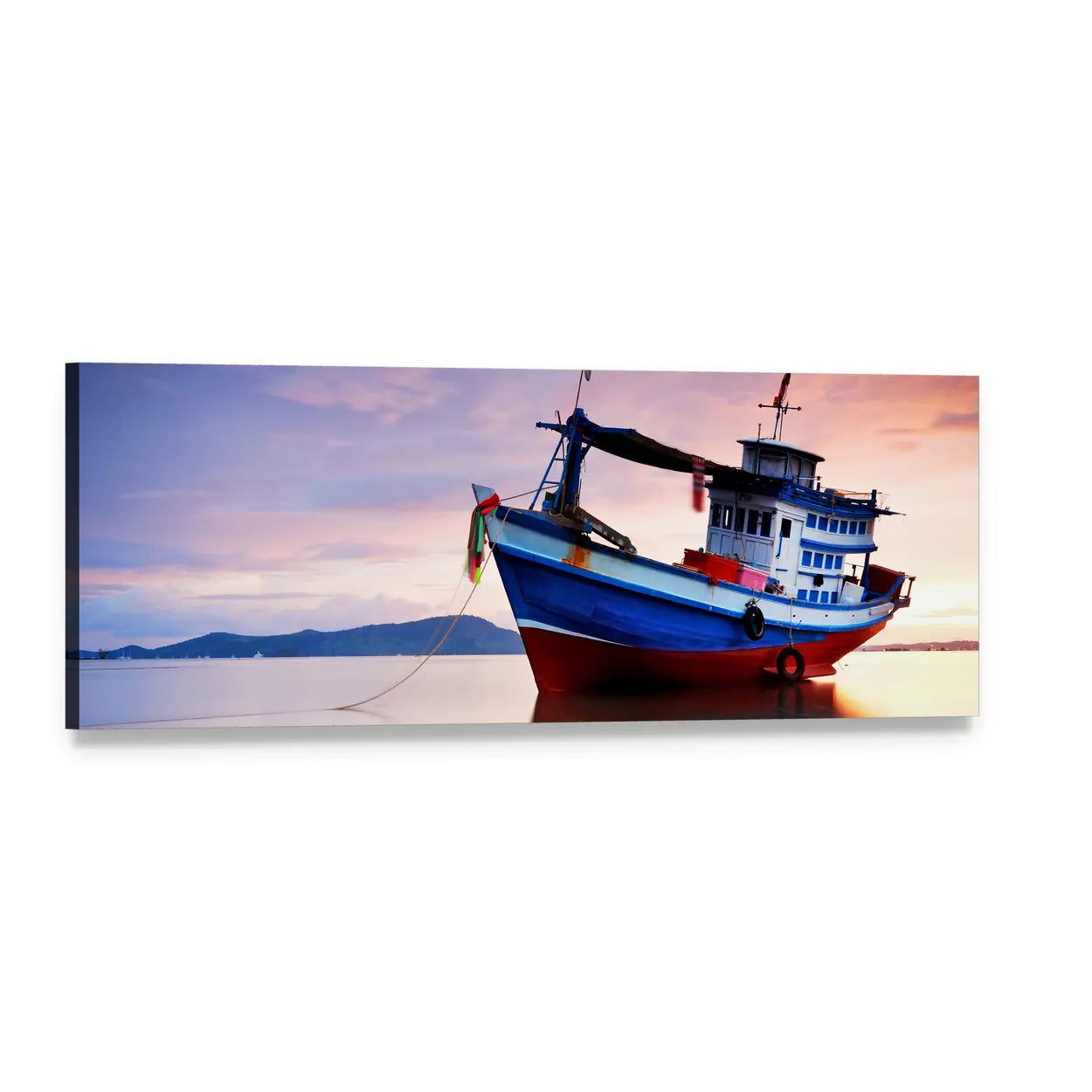 Fishing Boat at Sunset Panoramic Canvas Wall Art, single panel gallery wrapped canvas, angled product view