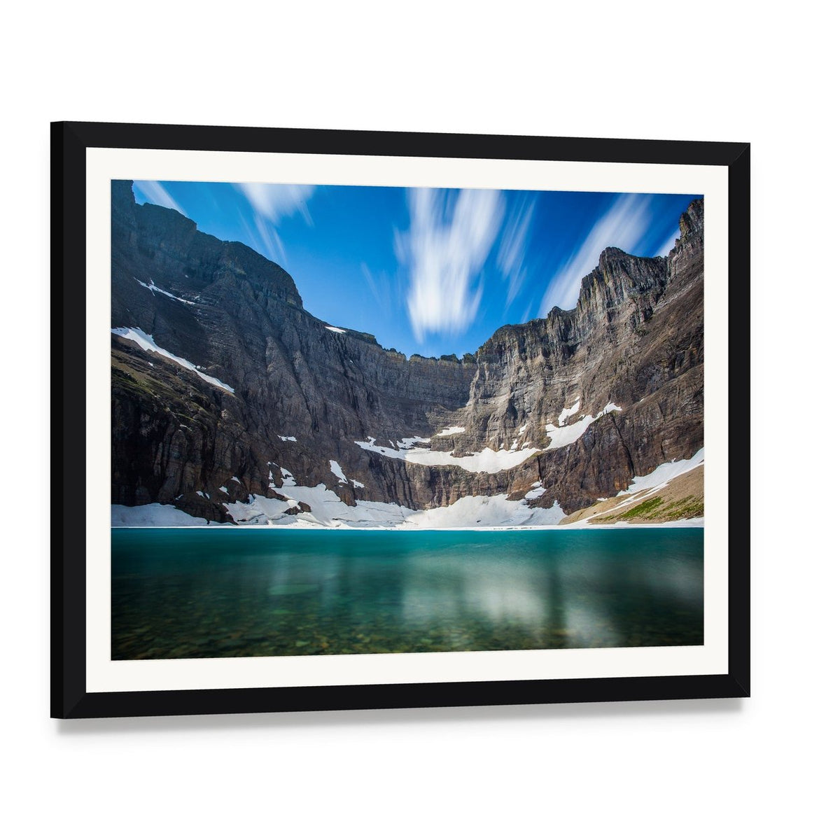 Iceberg Lake with Snow-capped Peaks Canvas Wall Art, framed print with white mat and black frame, angled product view