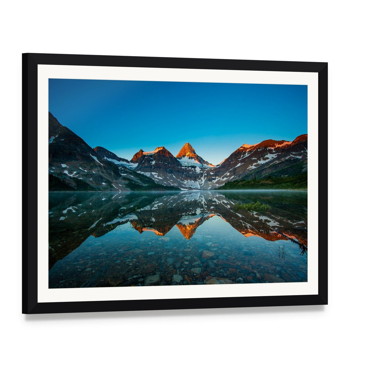 Reflection of Mount Assiniboine Canvas Wall Art, framed print with white mat and black frame, angled product view