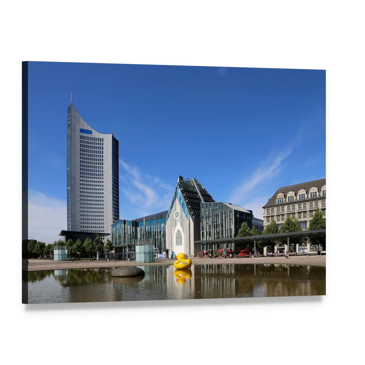 Leipzig City with Yellow Rubber Duck Canvas Wall Art, single panel gallery wrapped canvas, angled product view