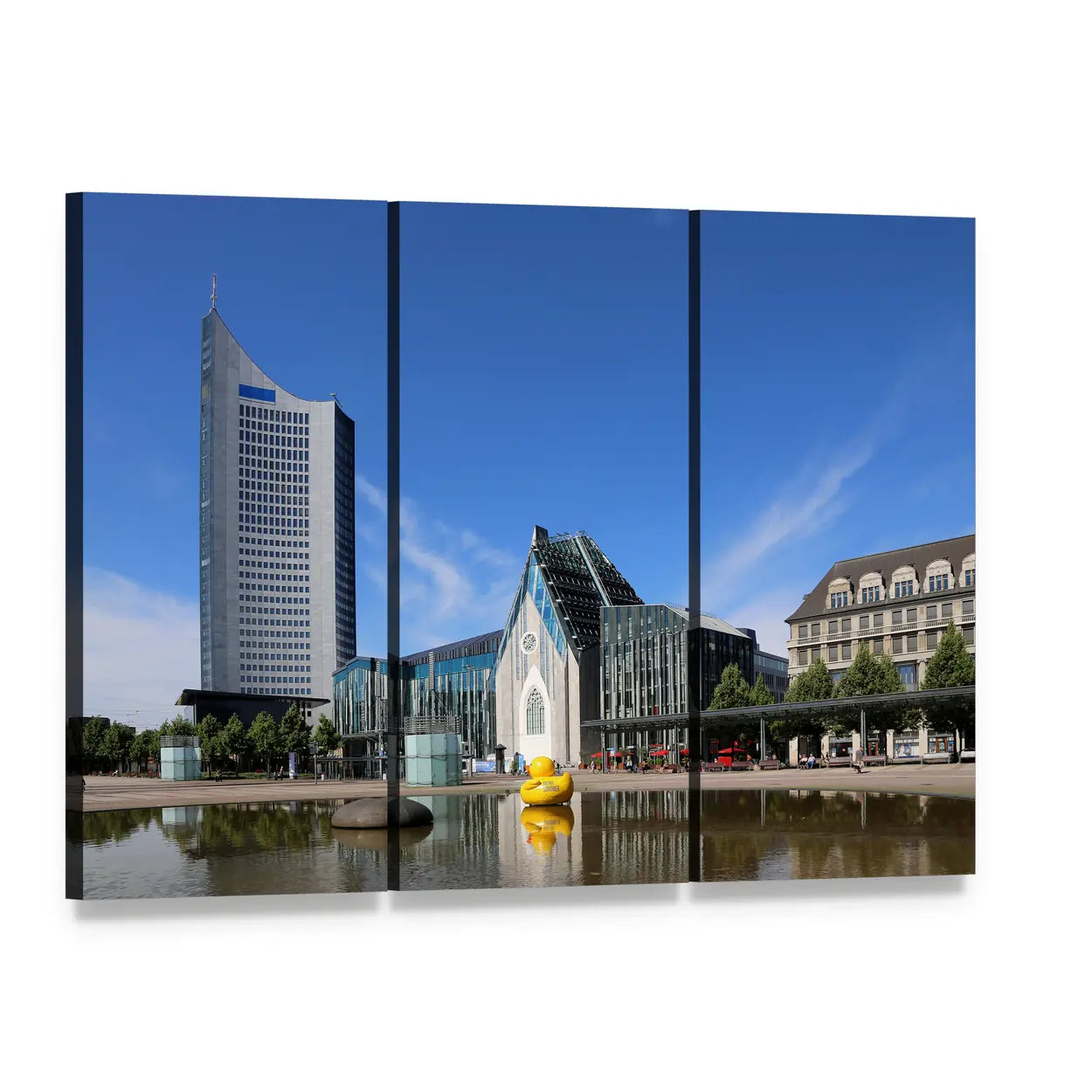 Leipzig City with Yellow Rubber Duck Canvas Wall Art, 3 panel 3 Horizontal layout gallery wrapped canvas set, angled product view
