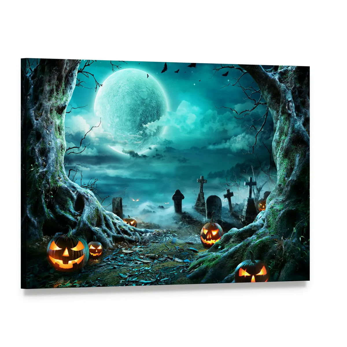 Jack O'lanterns in Graveyard at Night Canvas Wall Art, single panel gallery wrapped canvas, angled product view