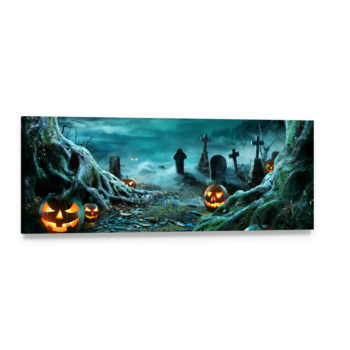 Glowing Jack-o'-lanterns in Misty Graveyard Panoramic Canvas Wall Art, single panel gallery wrapped canvas, angled product view