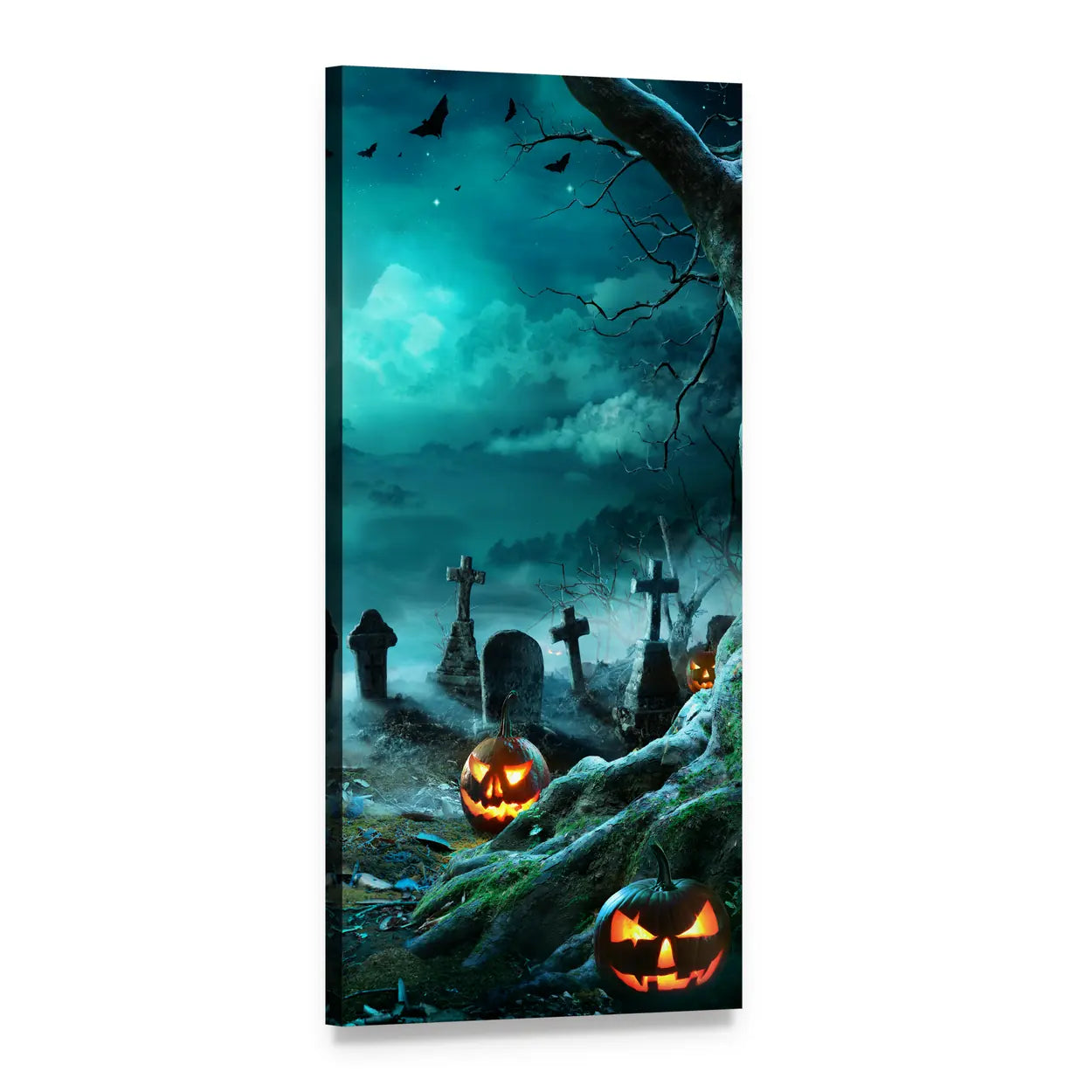 Glowing Jack-o'-lanterns in Moonlit Cemetery Vertical Canvas Wall Art, 1 panel 1 Vertical layout gallery wrapped canvas set, angled product view