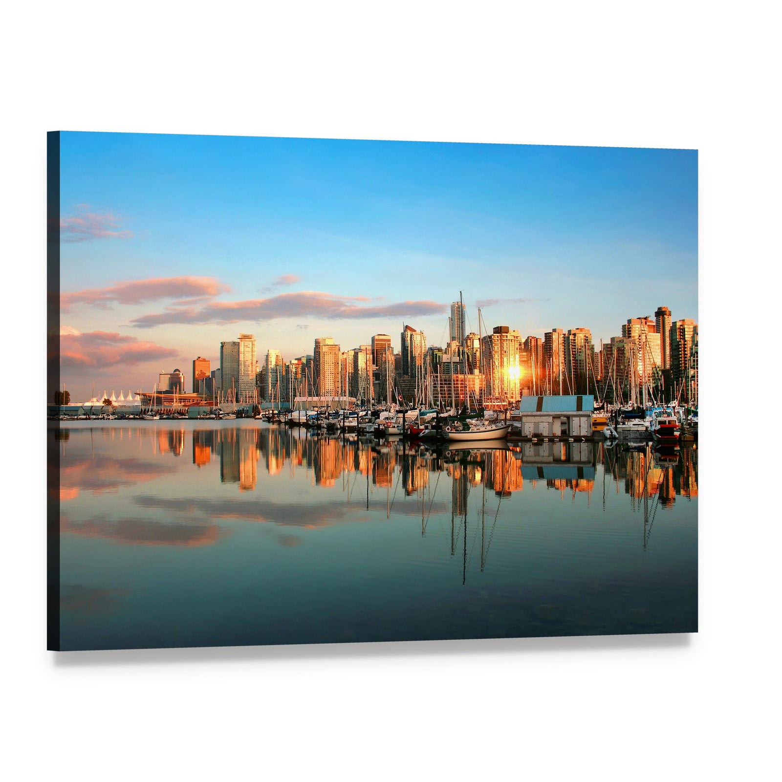 Vancouver Skyline at Sunset Canvas Wall Art, single panel gallery wrapped canvas, angled product view