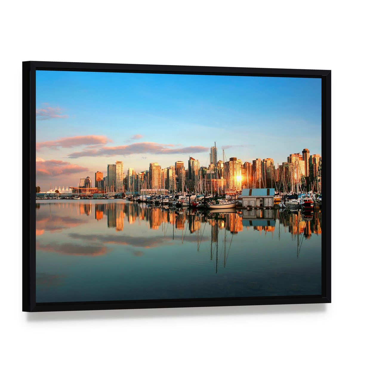 Vancouver Skyline at Sunset Canvas Wall Art, framed canvas in a black floater frame, angled product view