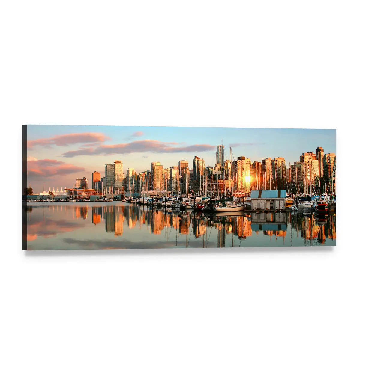 Vancouver Skyline at Sunset Panoramic Canvas Wall Art, single panel gallery wrapped canvas, angled product view