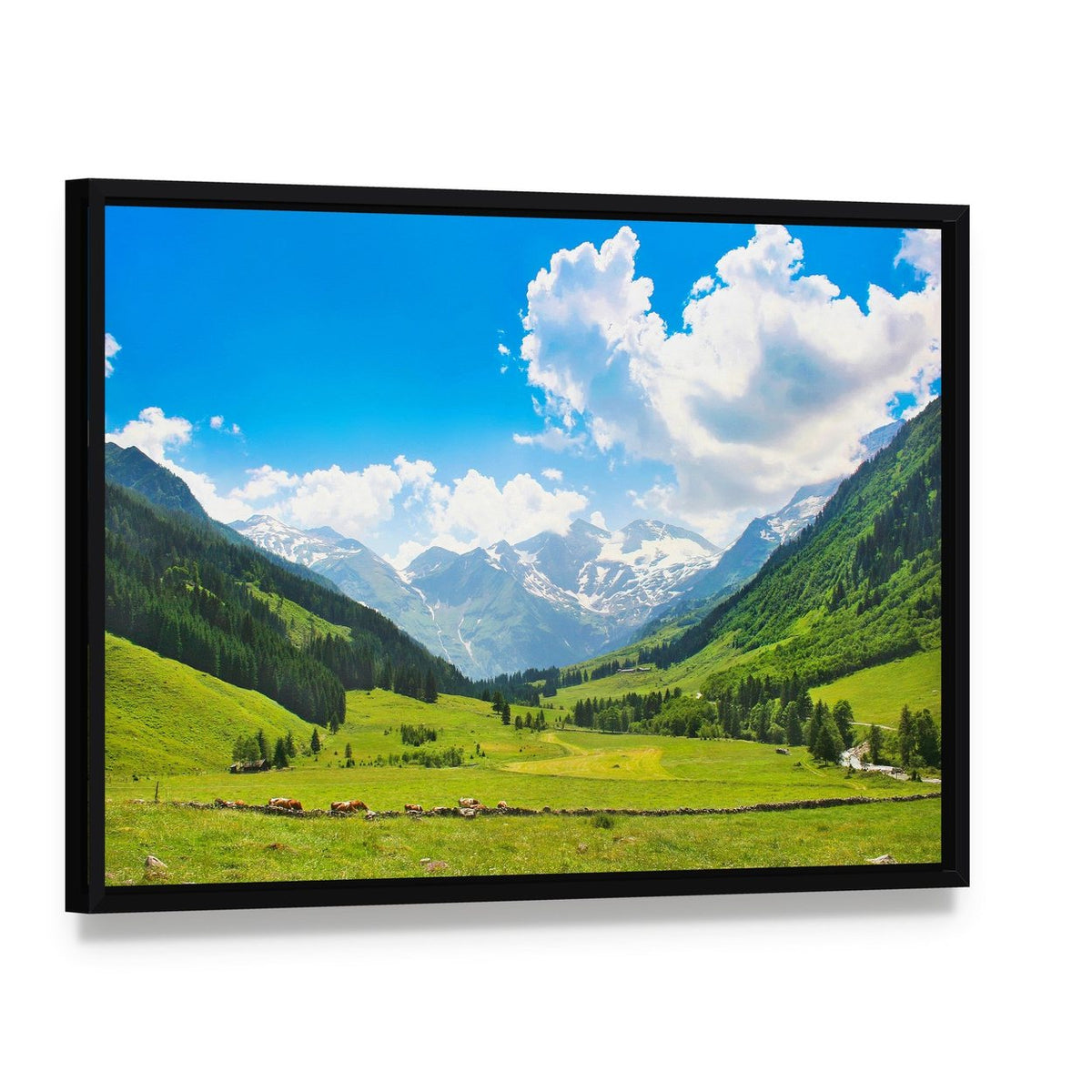 Landscape with the Alps Canvas Wall Art, framed canvas in a black floater frame, angled product view