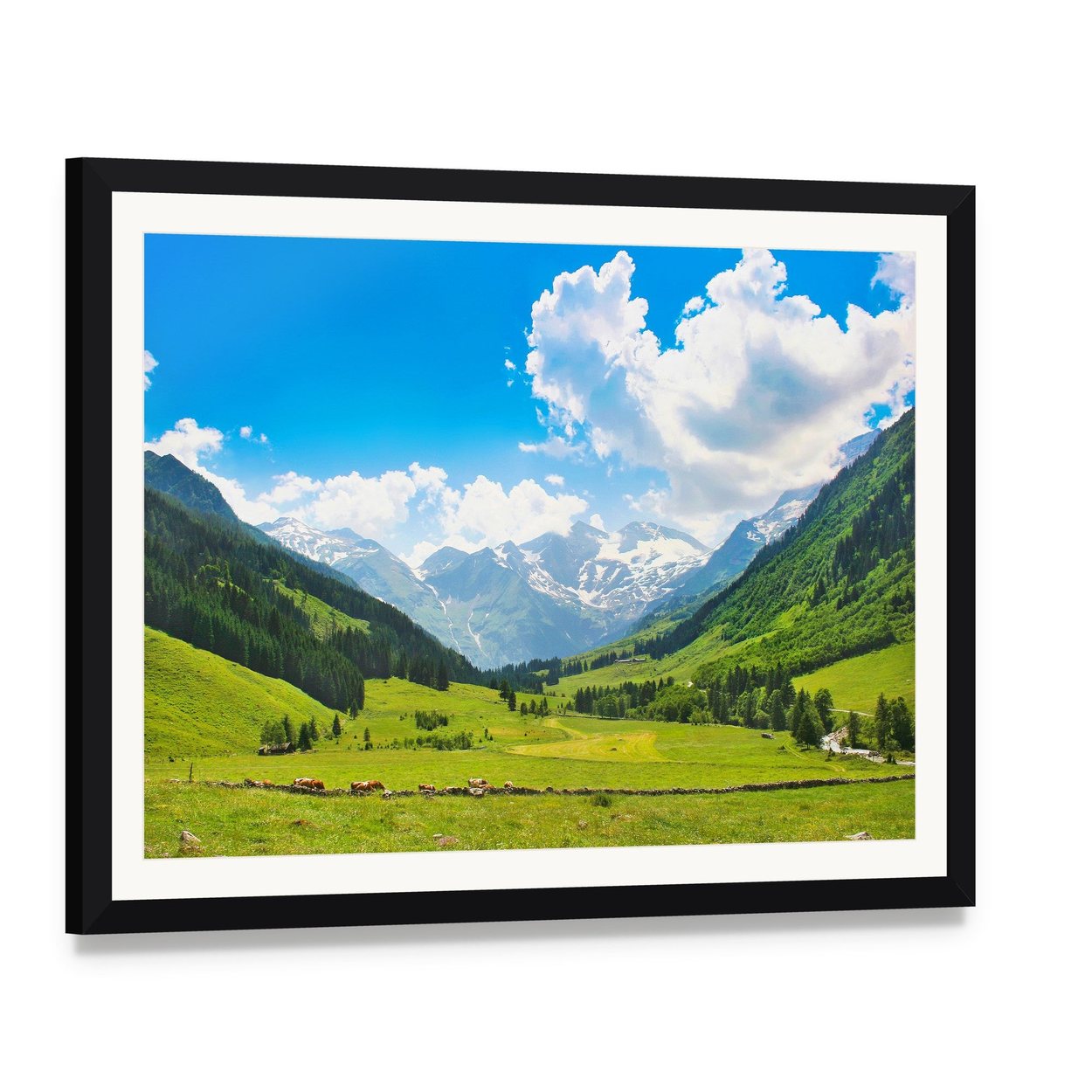 Landscape with the Alps Austria Canvas Wall Art, framed print with white mat and black frame, angled product view