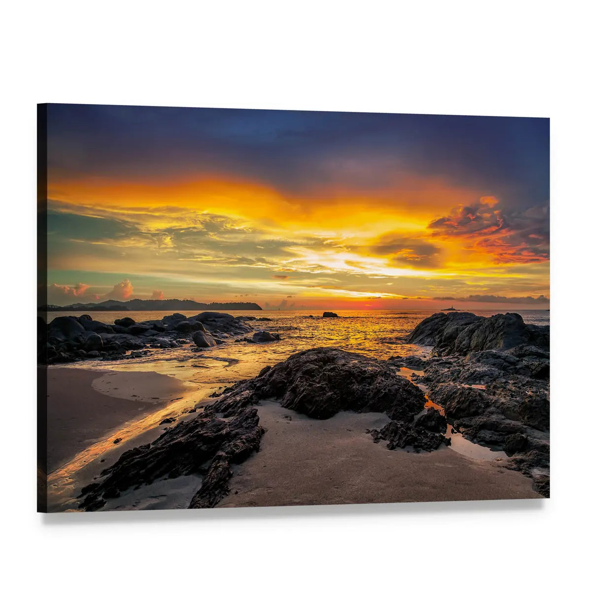 Yellow Sunset Over Sea Canvas Wall Art, single panel gallery wrapped canvas, angled product view