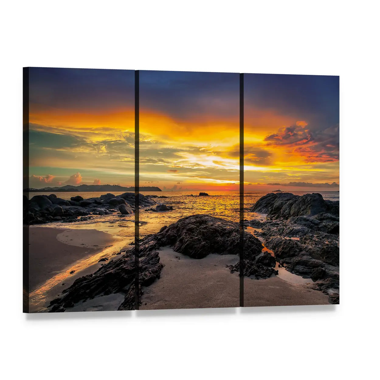 Yellow Sunset Over Sea Canvas Wall Art, 3 panel 3 Horizontal layout gallery wrapped canvas set, angled product view