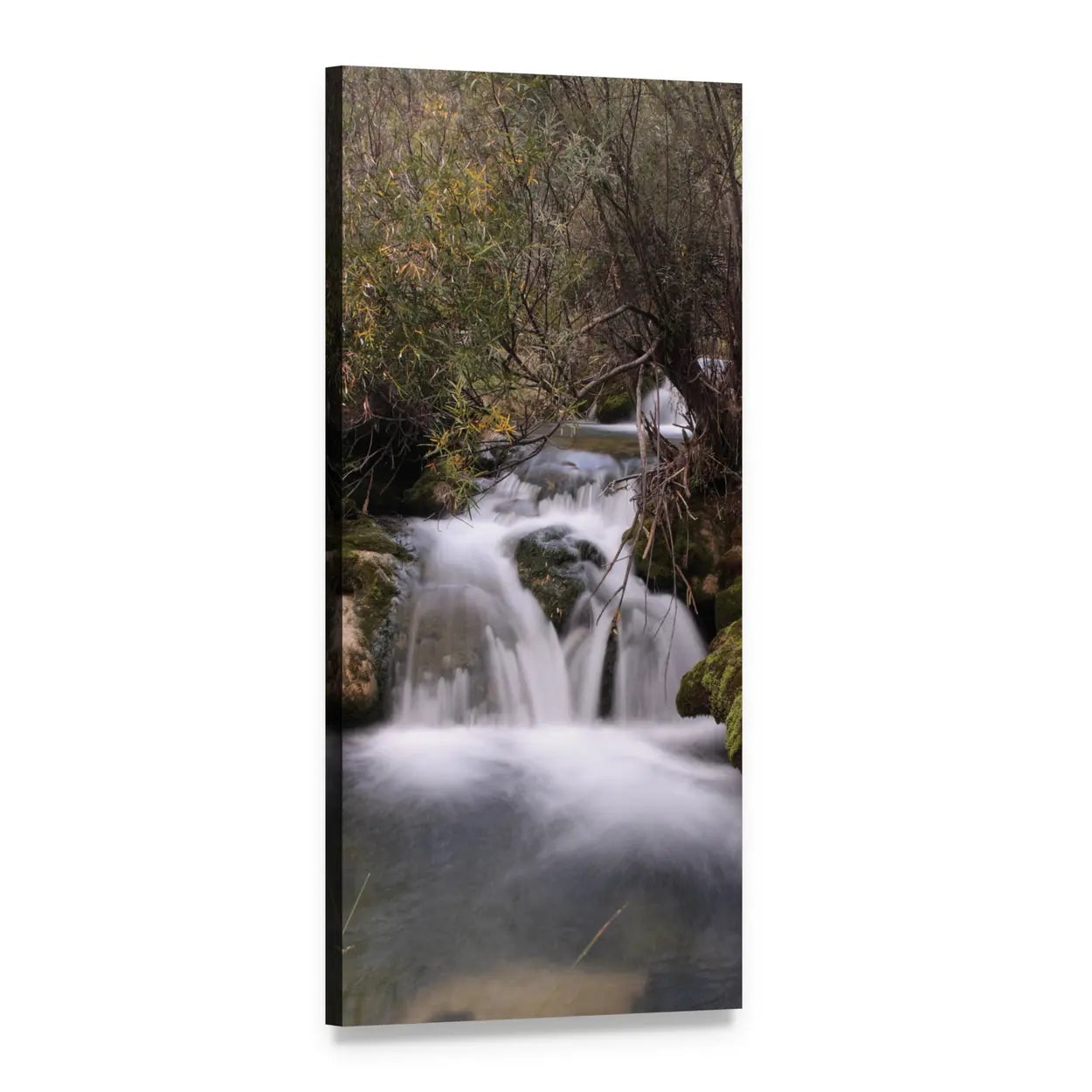 Silky Forest Waterfall and River Vertical Canvas Wall Art, 1 panel 1 Vertical layout gallery wrapped canvas set, angled product view
