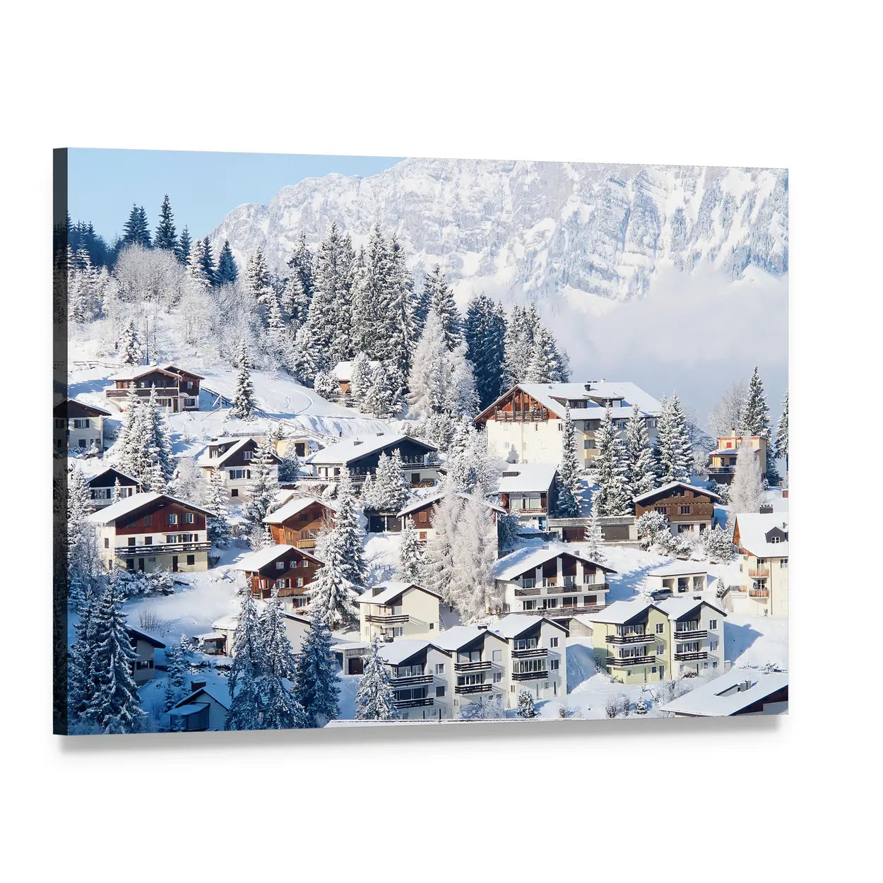 Winter in the Swiss Alps Canvas Wall Art, single panel gallery wrapped canvas, angled product view