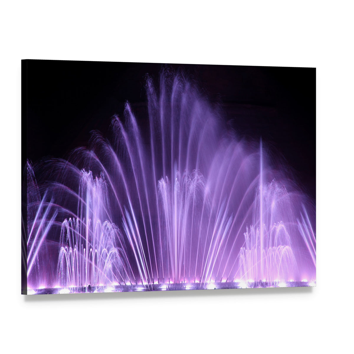 Glowing Purple Dancing Fountains Canvas Wall Art, single panel gallery wrapped canvas, angled product view