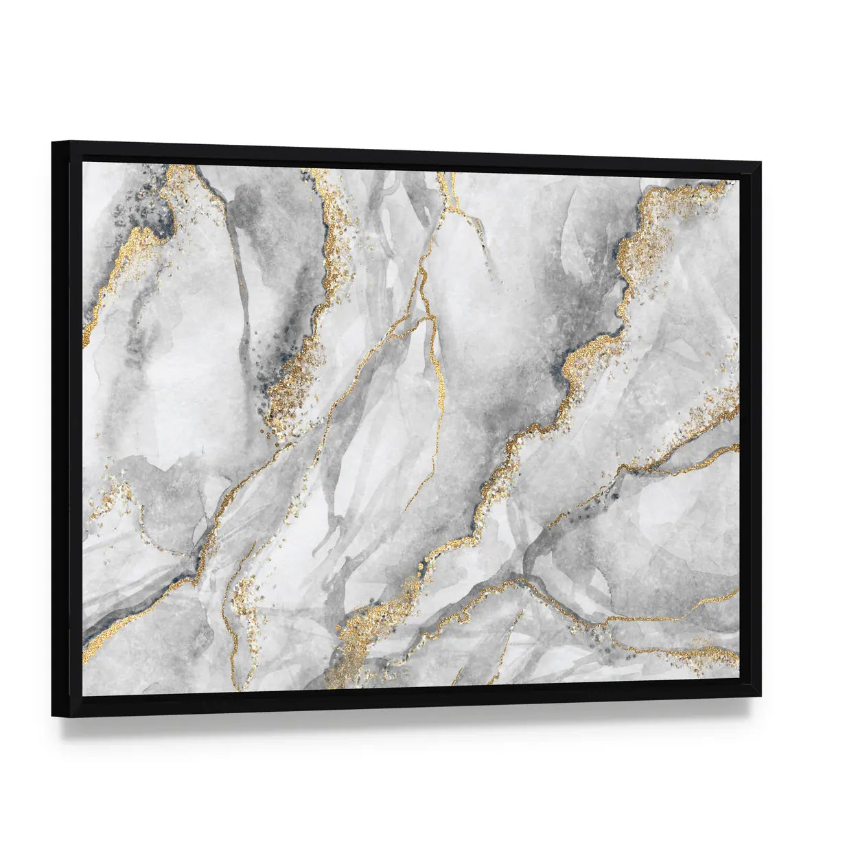 Marble with Gold Veins Canvas Wall Art, framed canvas in a black floater frame, angled product view