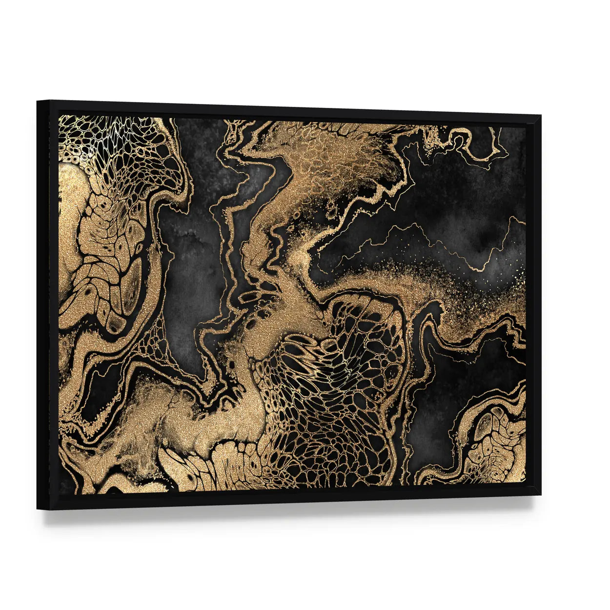 Gold Veined Marble Texture Canvas Wall Art, framed canvas in a black floater frame, angled product view