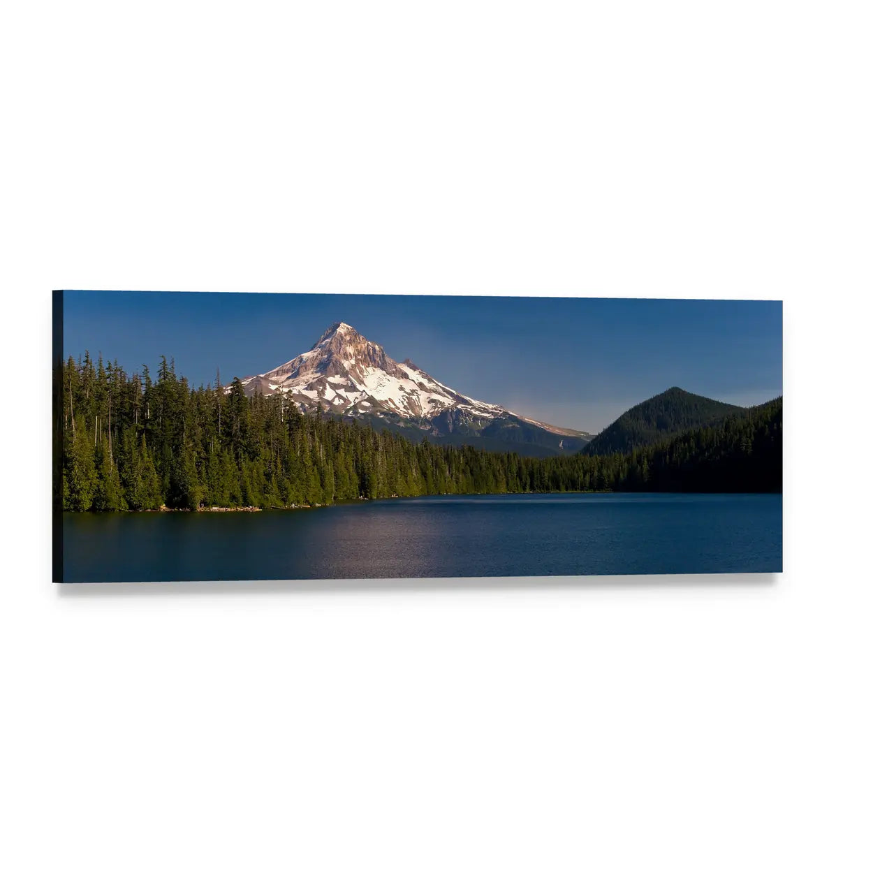Mount Hood Reflected in Lake Panoramic Canvas Wall Art, single panel gallery wrapped canvas, angled product view