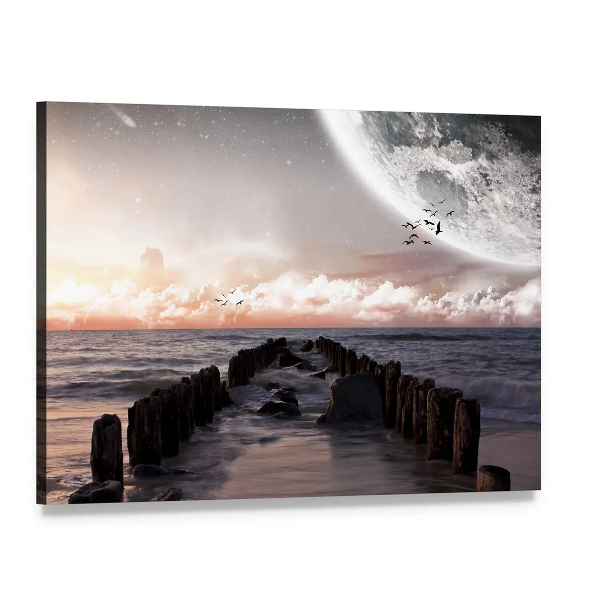 Giant Moon Over Wooden Breakwater Canvas Wall Art, single panel gallery wrapped canvas, angled product view