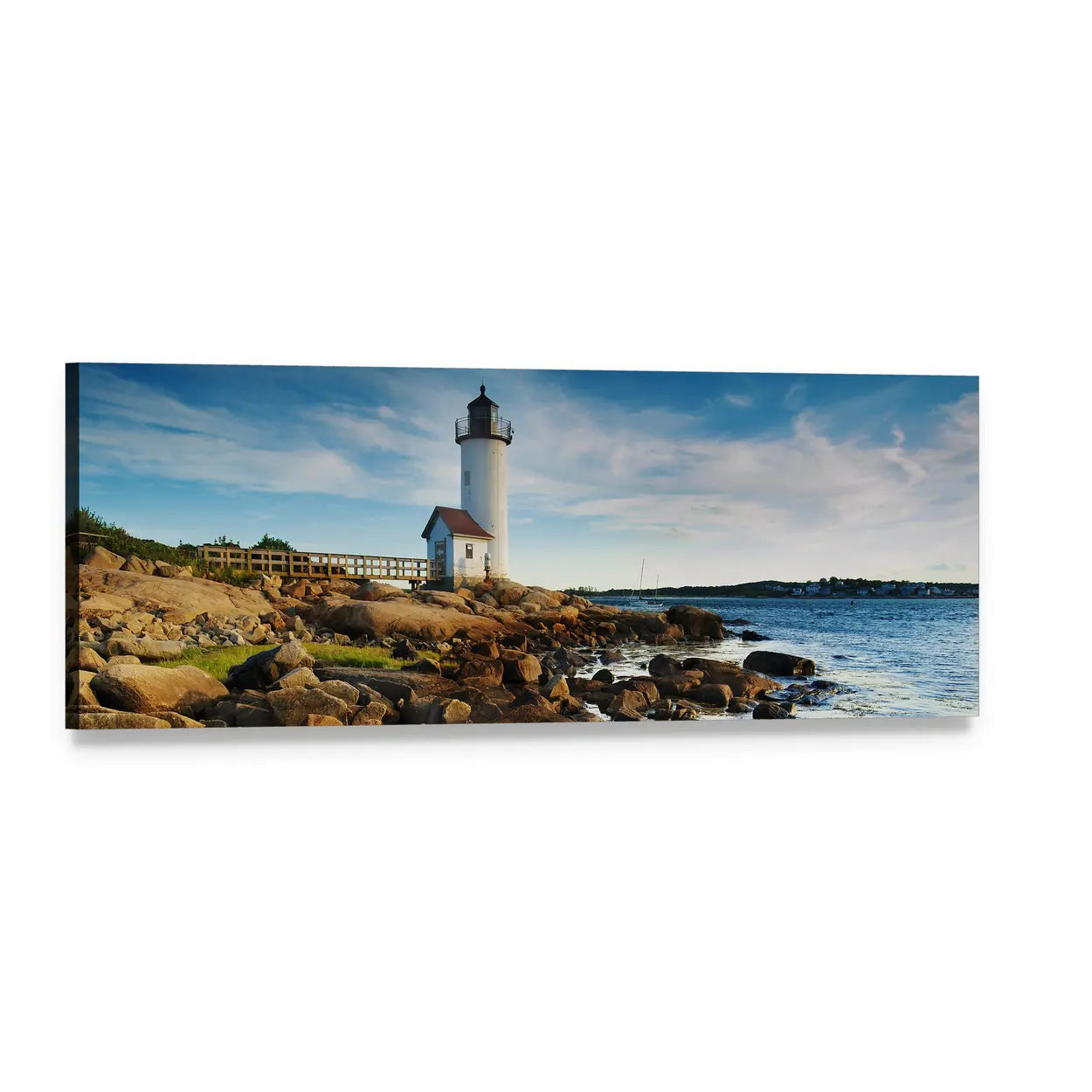 Annisquam Lighthouse on Rocky Coastline Panoramic Canvas Wall Art, single panel gallery wrapped canvas, angled product view