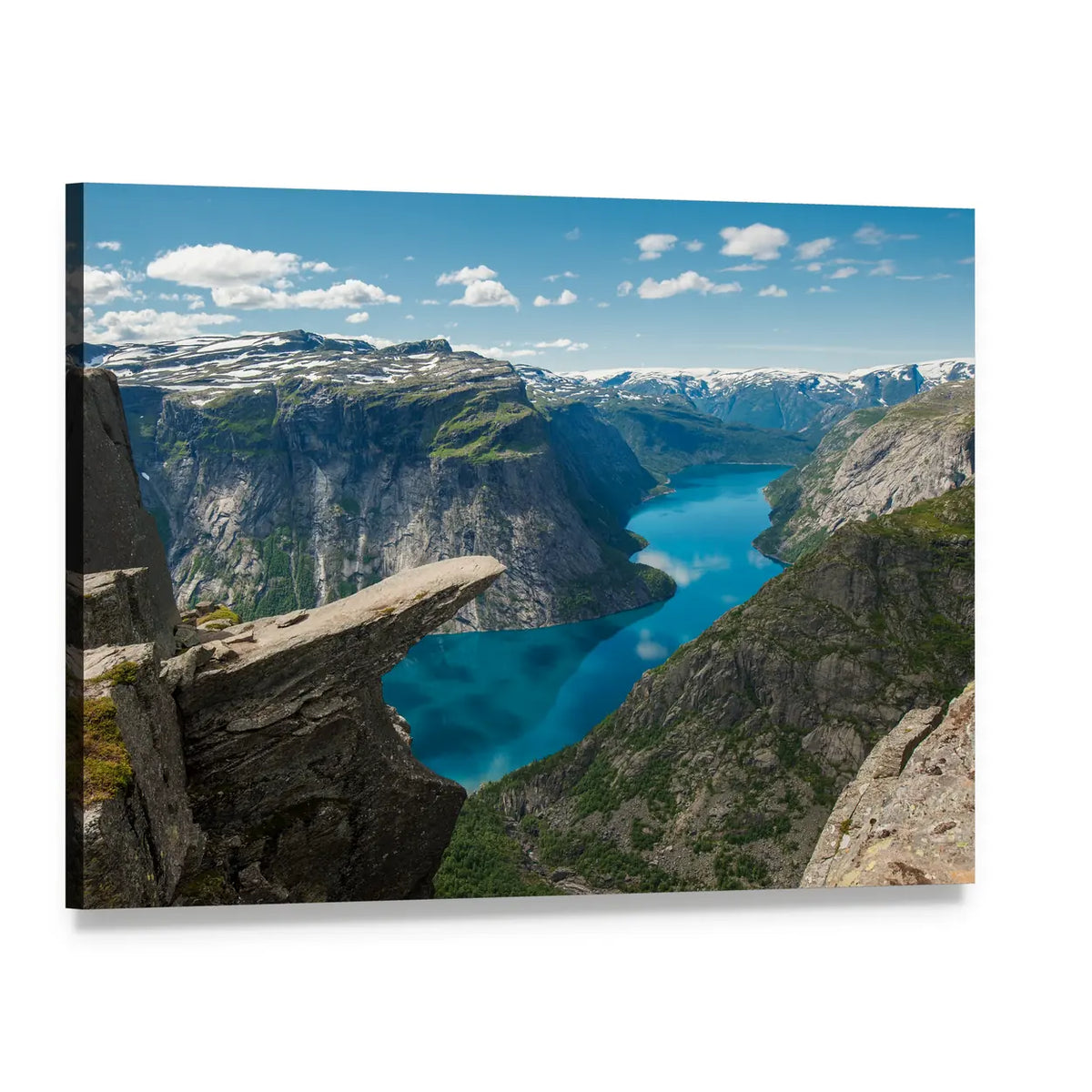 Trolltunga Rock Ledge Over Fjord Canvas Wall Art, single panel gallery wrapped canvas, angled product view