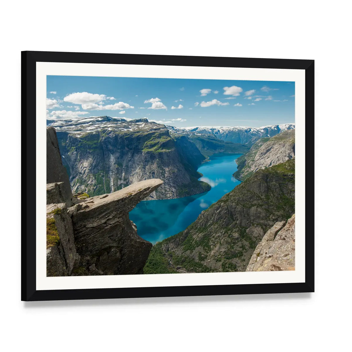 Trolltunga Rock Formation Canvas Wall Art, framed print with white mat and black frame, angled product view