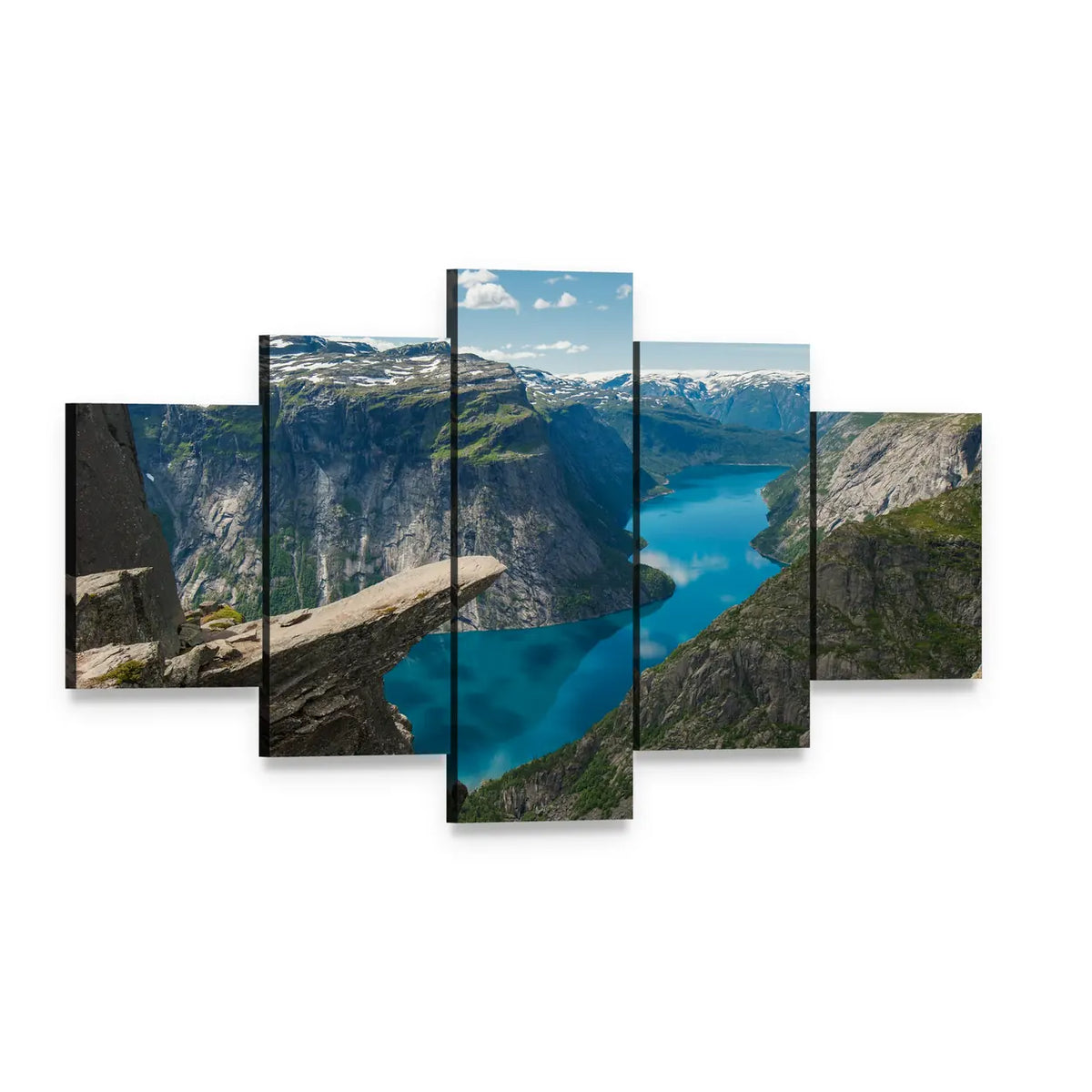 Trolltunga Rock Formation Canvas Wall Art, 5 panel 5 Star layout gallery wrapped canvas set, angled product view