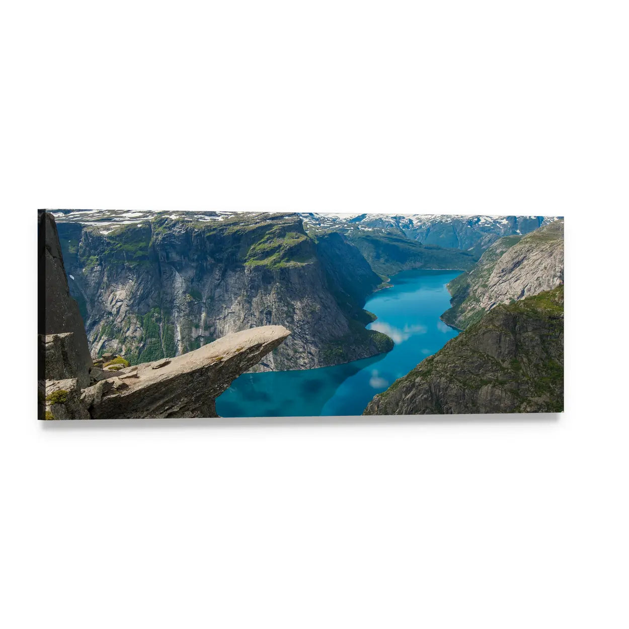 Trolltunga Rock Formation Panoramic Canvas Wall Art, single panel gallery wrapped canvas, angled product view
