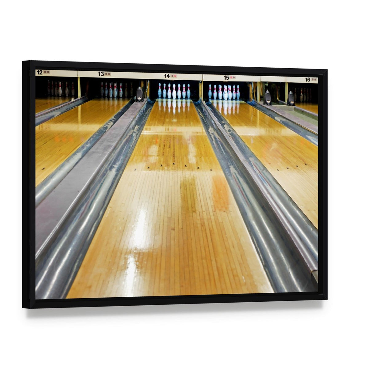 Bowling Alley Pins Canvas Wall Art, framed canvas in a black floater frame, angled product view