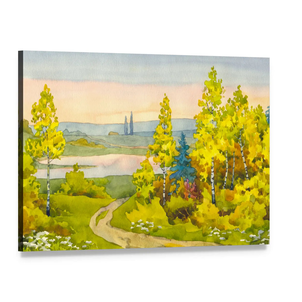 Watercolor Path to the Lake Canvas Wall Art, single panel gallery wrapped canvas, angled product view