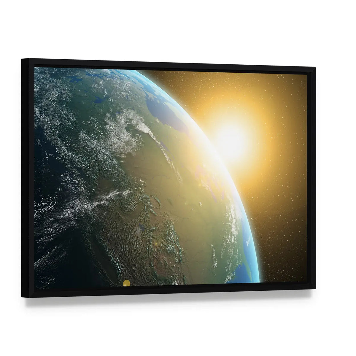 View of Sunrise Over North America Canvas Wall Art, framed canvas in a black floater frame, angled product view