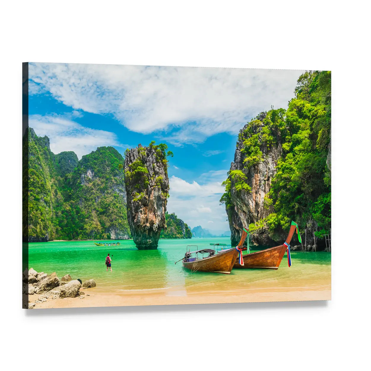 Thai Long-tail Boats by Limestone Karst Canvas Wall Art, single panel gallery wrapped canvas, angled product view